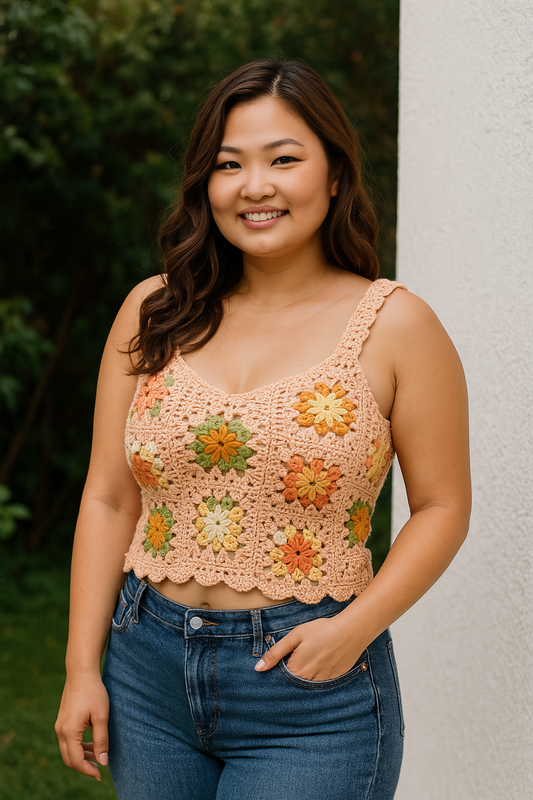 Handmade Crochet Granny Square Crop Top – Boho Floral Summer Tank in Peach, Orange, Yellow & Green