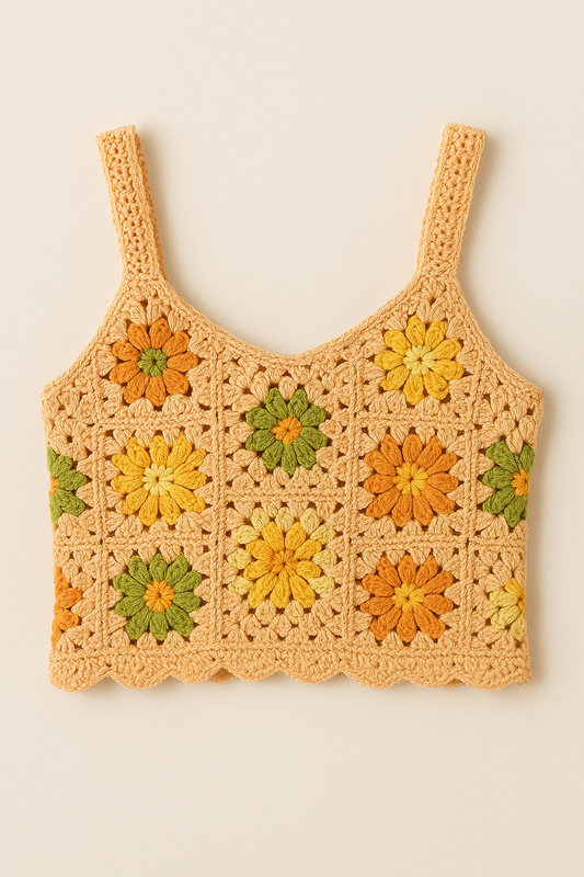 Handmade Crochet Granny Square Crop Top – Boho Floral Summer Tank in Peach, Orange, Yellow & Green